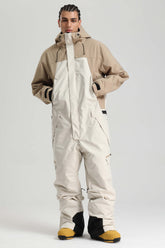 Men's Khaki & White Insulated Color-block Utility Baggy One-Piece Ski Suit